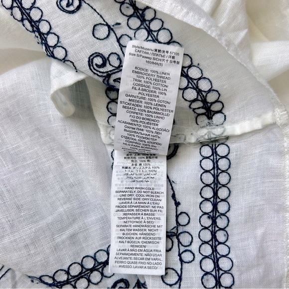 Tory Burch Embroidered Beach Caftan Cover-Up Mini Dress Navy Blue White Linen S - Picture 11 of 11